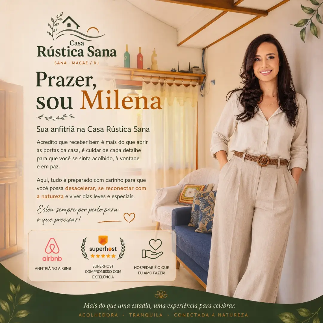 Milena, anfitriã da Casa Rústica Sana, hospedagem no Sana em Macaé RJ